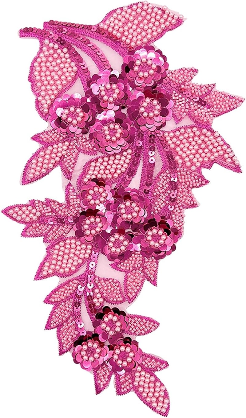 SAIXCCS 1pc Large Flower Rhinestone Applique Hot Pink, Embroidery Sequin Patches for Clothes,Beaded Lace Applique for Wedding Bridal Dress Bodice Hat Sewing Craft for Girl Embellishment(Hot Pink) - Image 1